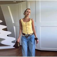 OUWU-Chaleco sin mangas de punto amarillo crema sólido para mujer, camiseta sin mangas con botones de una hilera y cuello cuadrado, Tops elegantes - details 8
