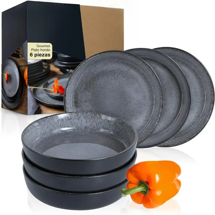 VIDA - Juego de 6 platos de sopa para 6 personas, porcelana, apto para lavavajillas y microondas - 1