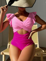 Bañador de una pieza para mujer, traje de baño con volantes y cuello en V, Monokini Sexy, ropa de playa sin espalda para verano - details 1