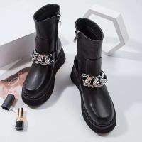 Botas de mujer de fondo plano con suela gruesa y suela de goma de cuero negro eléctrico estilo inglés 2024 - details 0