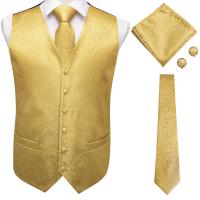 Chaleco de seda negro para hombre, conjunto de gemelos y pañuelo con corbata de Jacquard de Cachemira, chaleco Formal de negocios sin mangas con cuello en V - details 6