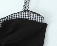 OUWU Falso Halter Top Negro Estilo Francés a Cuadros Vacaciones Verano Moda de Mujer - details 4