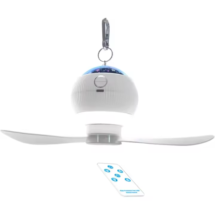 Ventilador de camping con linterna LED, ventilador de techo recargable para tienda de campaña, ventilador colgante portátil con control remoto y proyección, elementos esenciales para acampar para toldo, tienda de campaña, coche, RV, huracán, kit de superv - 1