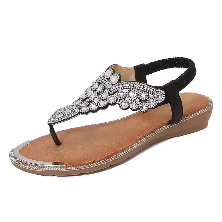IELTS Run gran Tamaño Hueco, Sandalias de Diamantes de Imitación de Fondo Plano Transfronterizo, Comodidad Bohemia Zapatos de Mujer Verano 3016 -1A - 1