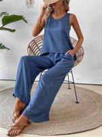 Chaleco informal de dos piezas con encaje calado de Color sólido para primavera y verano para mujer, pantalones largos de pierna ancha - details 3