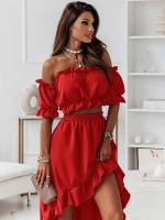 of Vestido liso con volantes para mujer, conjunto de 2 piezas con cuello inclinado, informal, elegante, para fiesta navideña, novedad de verano - details 1