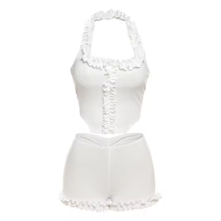 BUNO-Conjunto Casual de dos piezas con cuello cuadrado con volantes para mujer, camisetas sin espalda y pantalones cortos ajustados de estilo versátil - 1