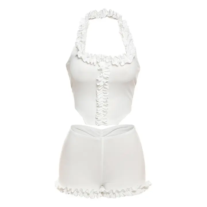 BUNO-Conjunto Casual de dos piezas con cuello cuadrado con volantes para mujer, camisetas sin espalda y pantalones cortos ajustados de estilo versátil - 1