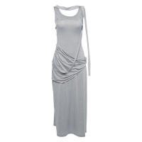 BUNO-Vestido grande de algodón puro con cuello en U para mujer, prenda informal y cómoda, con cintura irregular y falda larga adelgazante, color gris - details 6