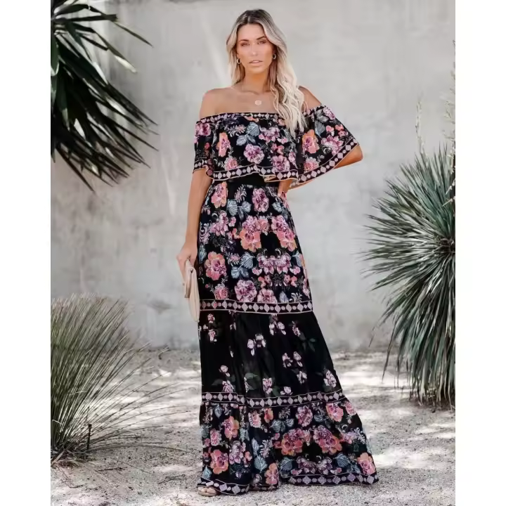 Vestido Largo para Mujer Verano 2025 Escote Palabra de Honor con Estampado de Flores Rojas - 1