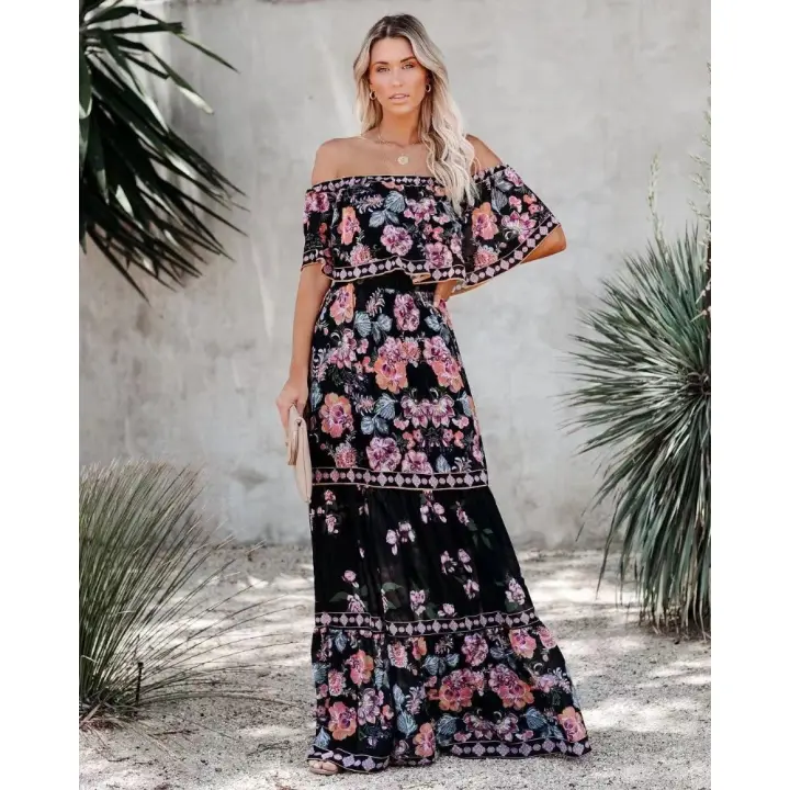Vestido Largo para Mujer Verano 2025 Escote Palabra de Honor con Estampado de Flores Rojas - 1