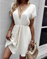 Vestido midi de manga corta con estampado floral para mujer, elegante vestido informal de verano con cuello de pico - details 2