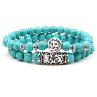 KMVEXO 2 unids/set Color plata Cabeza de Buda Lava esqueleto turquesas cuentas de piedra Natural para Mujeres Hombres pulsera conjunto brazaletes con dijes - details 3