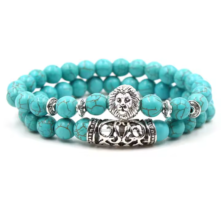 KMVEXO 2 unids/set Color plata Cabeza de Buda Lava esqueleto turquesas cuentas de piedra Natural para Mujeres Hombres pulsera conjunto brazaletes con dijes - 1