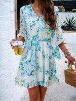 Vestido de primavera y verano para mujer, Media manga, estampado de flores, elegante cuello en V, informal, línea A, hasta la rodilla, cintura alta - details 11