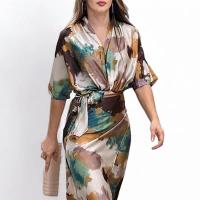 BUNO-Vestido largo elegante para mujer, informal, de verano, para oficina, corto sólido, manga con cuello en V, longitud de la cintura con cinturón, vestidos de fiesta con abertura y lazo - details 3