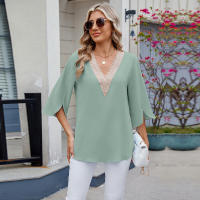 BUNO-2025 Blusa de moda con cuello en V para mujer, camisas de gasa de siete mangas con empalme de encaje, camisa holgada informal de Color sólido elegante para oficina, novedad de 20252 - details 22