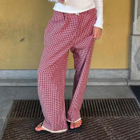 BUNO-Pantalones de encaje a rayas para mujer, Pantalones rectos de pierna ancha con cintura elástica y cordón, ropa de calle holgada para primavera y verano, pantalones de chándal informales - details 63