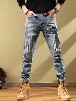 Jeans Moto Denim Vintage Azul Pantalones de Moda para Hombres de Alta Calidad con Bolsillos Elásticos Ropa de Calle de Otoño Nueva - details 12