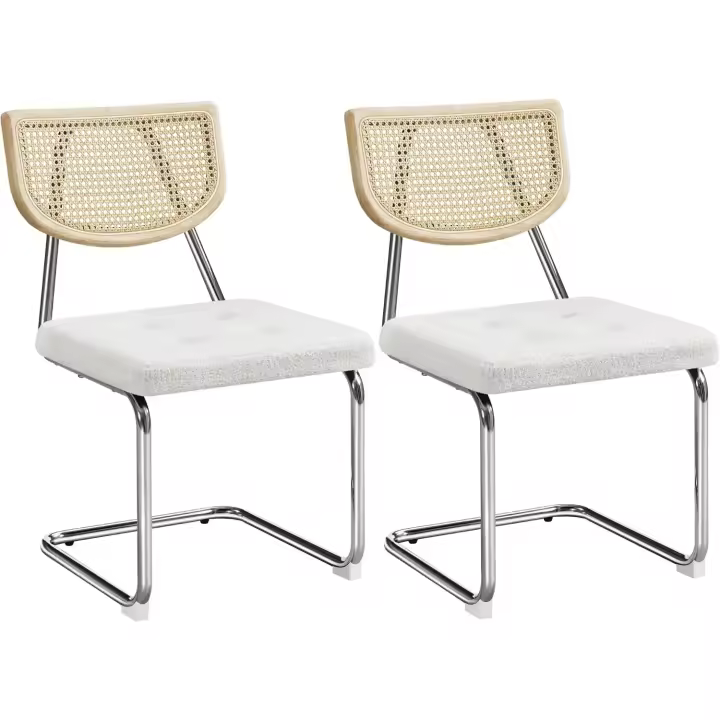 Juego de 2 sillas de comedor de ratán tejido de mediados de siglo, sillas de cocina con asiento acolchado y patas de metal para cocina y salón. - 1