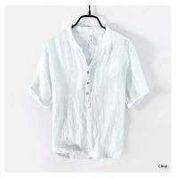 Camiseta de lino puro de manga corta para hombre, camiseta holgada de estilo chino de verano con cuello en V fino, camiseta informal Vintage de lino de media manga - details 3