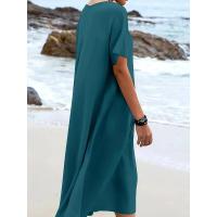 Vestido de manga corta con cuello redondo de color sólido estilo vacaciones de verano 2025 - details 18