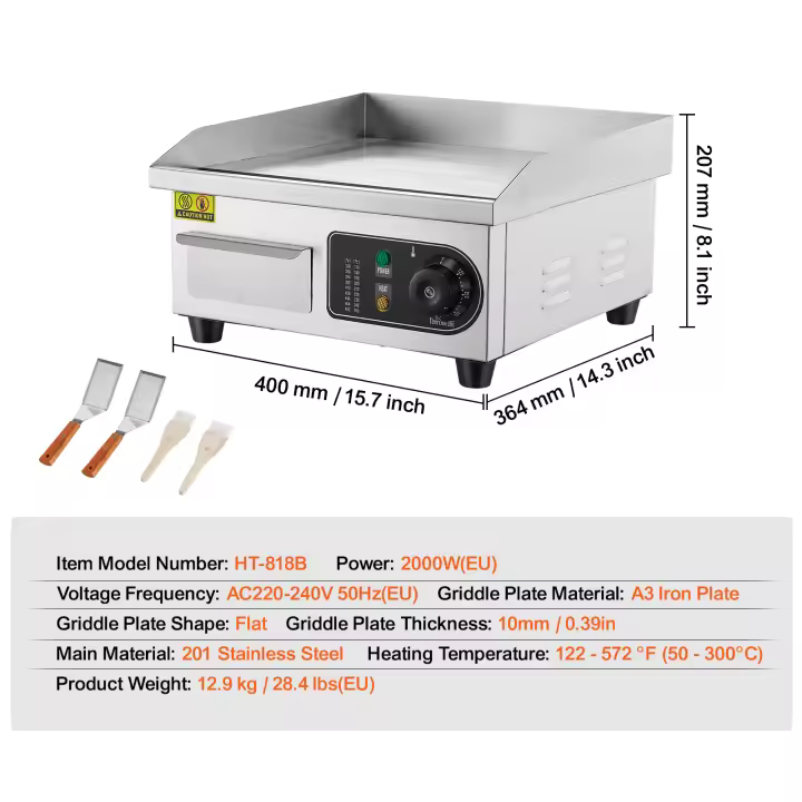 SucceBuy Plancha eléctrica comercial, parrilla superior semiplana para encimera, temperatura ajustable 122 ℉ -572 ℉ , Parrilla de acero inoxidable - 1