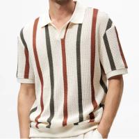Suéter de punto de manga corta para hombre, camiseta de negocios ajustada con contraste de Color a rayas huecas - details 0