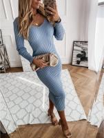 Vestido acanalado de manga larga con cuello en V para mujer, vestido ajustado de punto acanalado, largo d, de corte bajo, 2024 - details 12