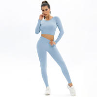 Conjunto de Yoga sin costuras para mujer, ropa deportiva de entrenamiento para gimnasio, Top corto de manga larga, Leggings de cintura alta, trajes deportivos de 2 piezas - details 34