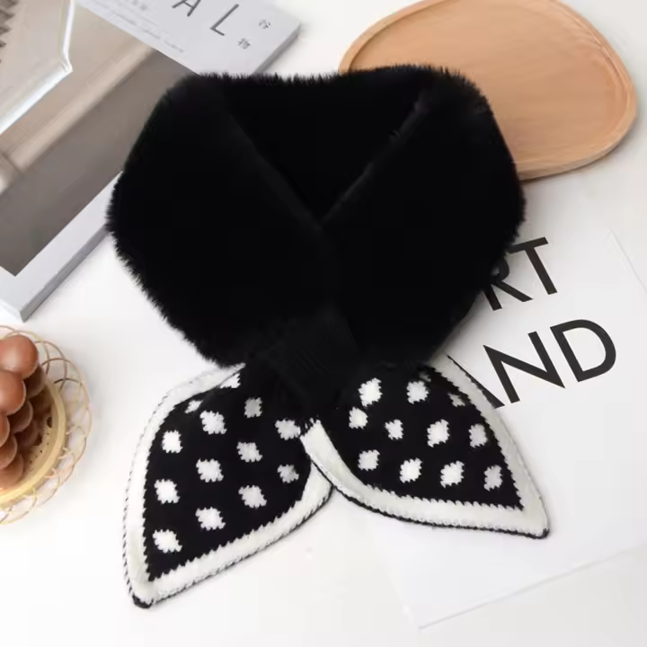 Bufanda suave y cálida para mujer, pañuelo de felpa con lazo, tejido de piel sintética de conejo, grueso, a prueba de viento, accesorios cruzados, Invierno - 1