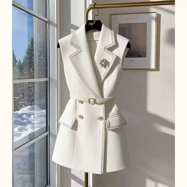 Chaqueta blanca de primavera con doble botón para mujer, sin mangas, informal, cómoda, elegante, de oficina, chaqueta formal coreana - 1