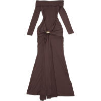 BUNO-Vestido de fiesta elegante con hebilla de Metal fruncido de cinta cuello de barra de manga completa ajustado fiesta de cumpleaños ajustado largo - details 21