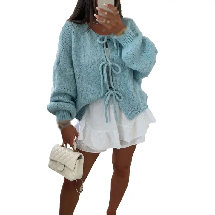 Cardigan de Punto con Rayas de Alta Moda Otoñal Top de Tienda con Cordones para Mujeres - 1