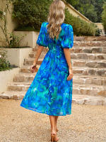 Vestido de verano de estilo callejero para mujer, traje elegante y Sexy con cuello en V, estampado de flores, mangas farol, largo, 2024 - details 13
