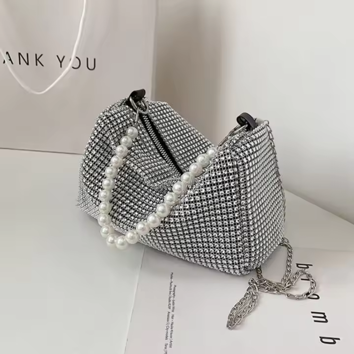 Bolso de mano de gran capacidad con diamantes de imitación, bolso de hombro con cadena de perlas, pequeño bolso cuadrado, bolso de almohada, bolso de cosméticos, bolso de hombro para mujer, fiesta - 1