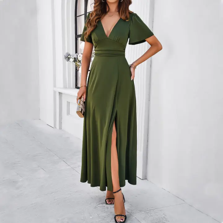 Dama profundaVVestido de noche de fiesta plisado de cintura alta con cuello de manga corta vestido de cóctel - 1