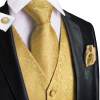 Chaleco de seda negro para hombre, conjunto de gemelos y pañuelo con corbata de Jacquard de Cachemira, chaleco Formal de negocios sin mangas con cuello en V - details 11