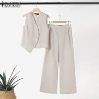 ZANZEA Conjunto De Verano Para Mujer 2 Piezas Top Irregular Y Pantalones De Pierna Ancha Moda Coreana Elegante Ropa De Oficina - details 7