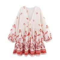 Vestido de verano 2025, nuevo, versátil, de moda para mujer, estampado, manga larga, cuello en V, sencillo, holgado, con falda corta. - details 1