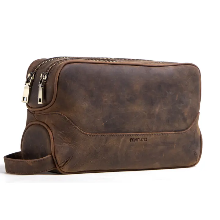 CONTACT'S-Bolsa de cosméticos de cuero de vaca crazy horse para hombre, neceser de viaje, bolsas de lavado de gran capacidad, organizador de bolsas de maquillaje - 1