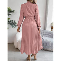 Elegante vestido corto de otoño invierno para mujer, con cuello alto, mangas plisadas y falda larga. - details 2