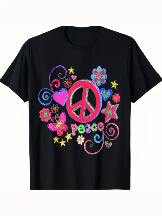 Diva Duds Peace Love - Camiseta hippie Regalo para papá Manga corta con cuello redondo suave y cómoda - 230 g - 1