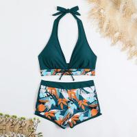 Bikini abierto con estampado de hojas retro en talla grande, conjunto de traje de baño de dos piezas con correas estables para mujer - details 21