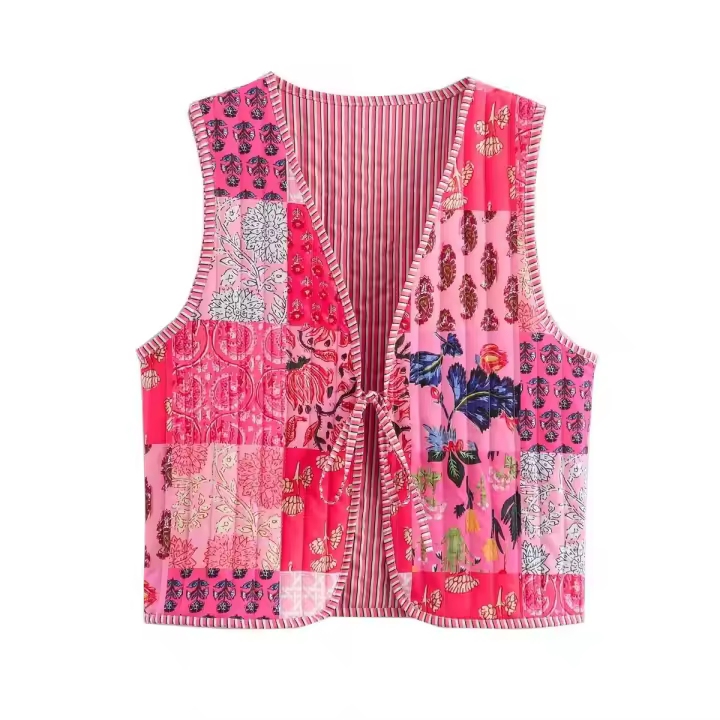 Ropa de otoño de 2024, mujer floral rosa, estampado de anacardo superior, chaleco vintage abotonado, chaleco acolchado para mujer con lazo frontal - 1