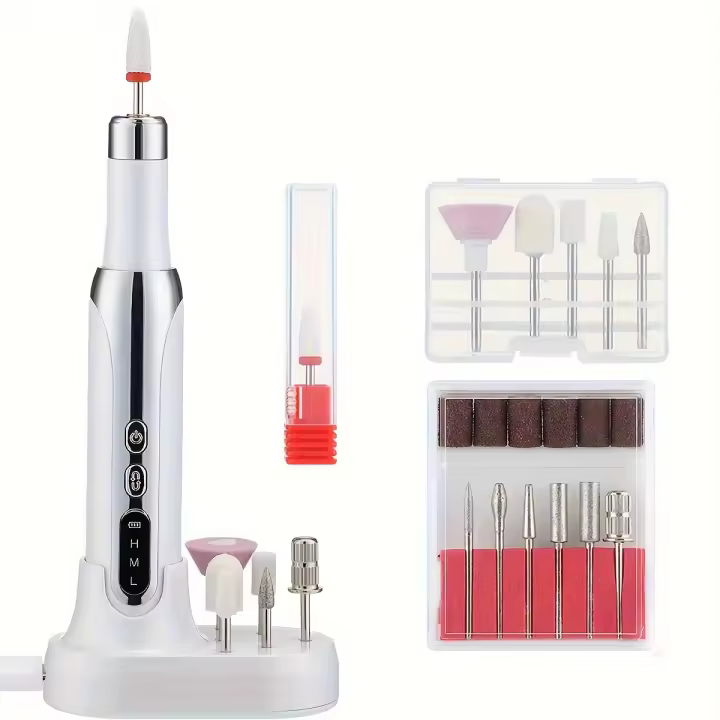 Kit de taladro de uñas eléctrico, Máquina de manicura recargable de bajo ruido con cargador de base, 12 cabezales de pulido - 1