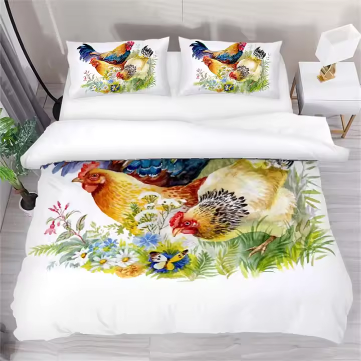 Funda de Edredón de Pollo Temática de Colores Abstractos Gallo Azul y Gallina - 1