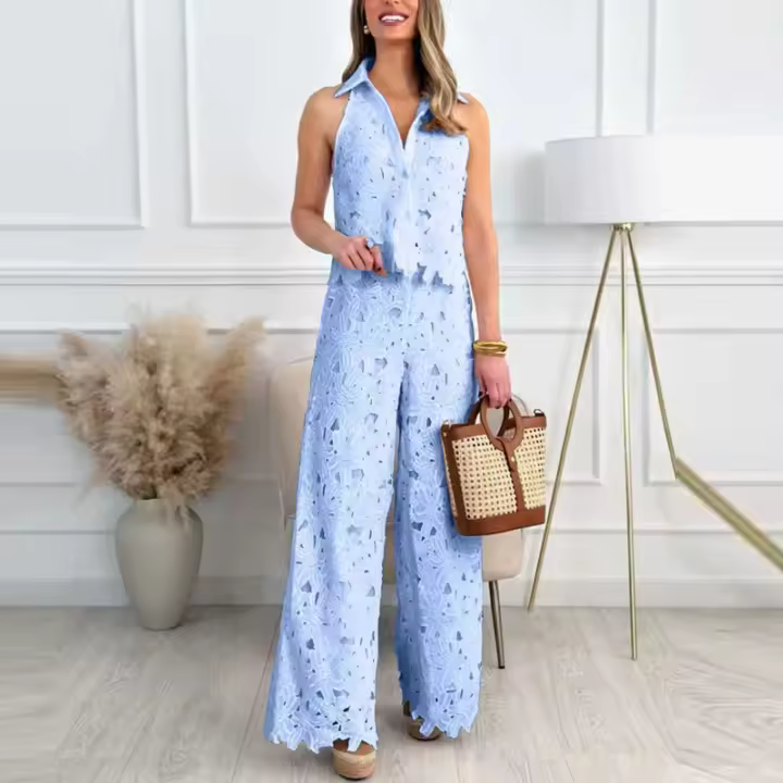 Elegante Conjunto de Moda Verano para Mujer Top de Chaleco Bordado Sexy con Pantalones Rectos Anchos Estilo Casual de Encaje - 1
