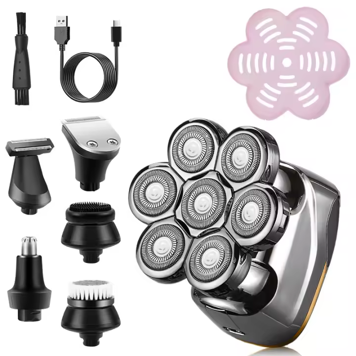 Bald Razor Afeitadora eléctrica para hombres: Afeitadora de cabeza flotante 7D para afeitadora de rotación calva 6 en 1 Afeitadora multifuncional para calvos Paquete de cuidado para recortar el vello de la nariz y la barba a prueba de agua - 1