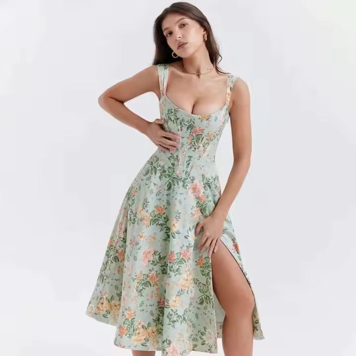 Corsé ajustado de verano, nuevo, vacaciones casual con estampado y apertura azul, debido a problemas en las rodillas. - 1